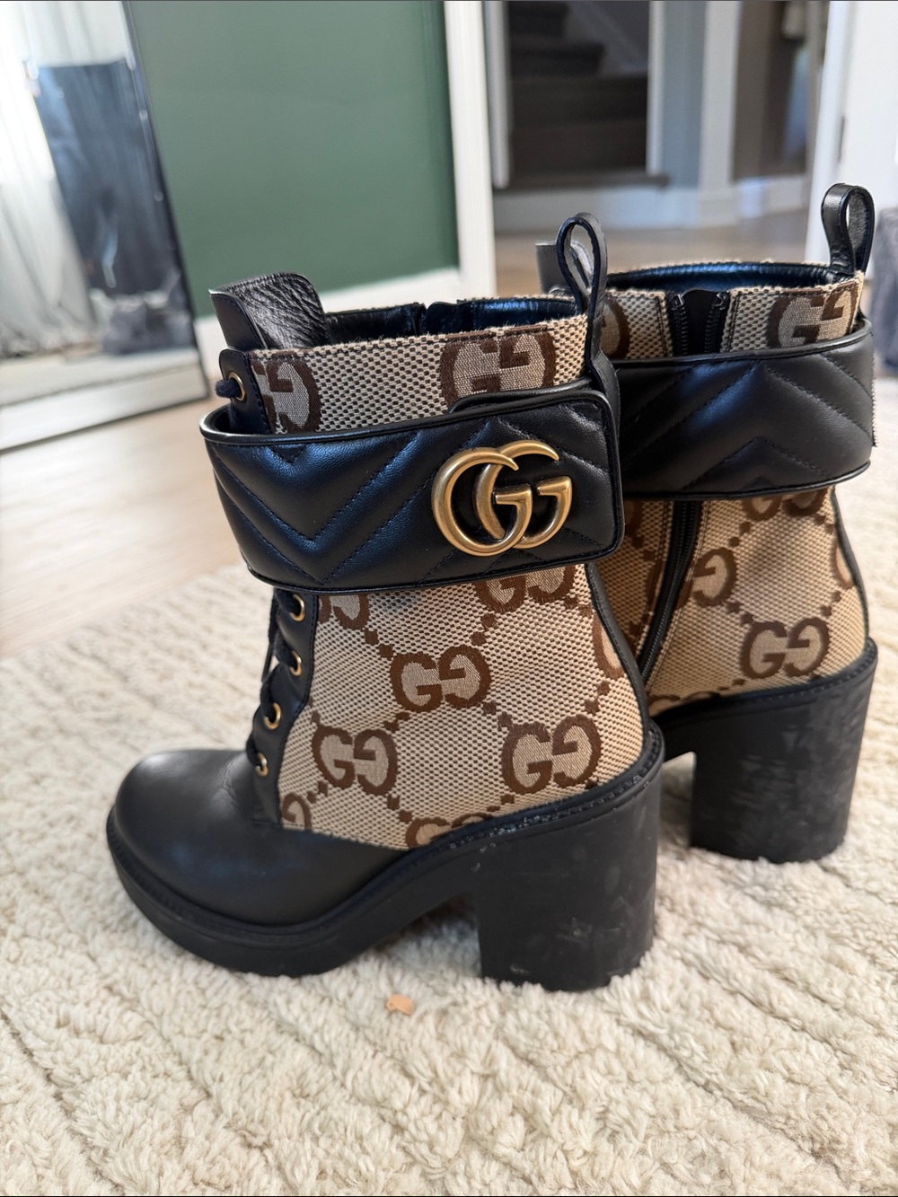 Gucci Brown GG Canvas and Black Leather Chunky Heel Ankle Boots